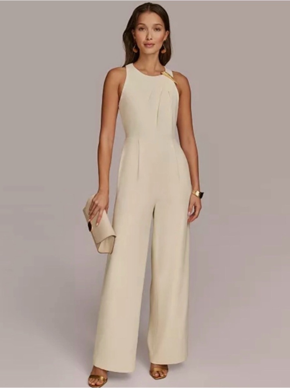 Donna Karan Cream Sleeveless Wide-Leg Jumpsuit with Gold Shoulder Accent